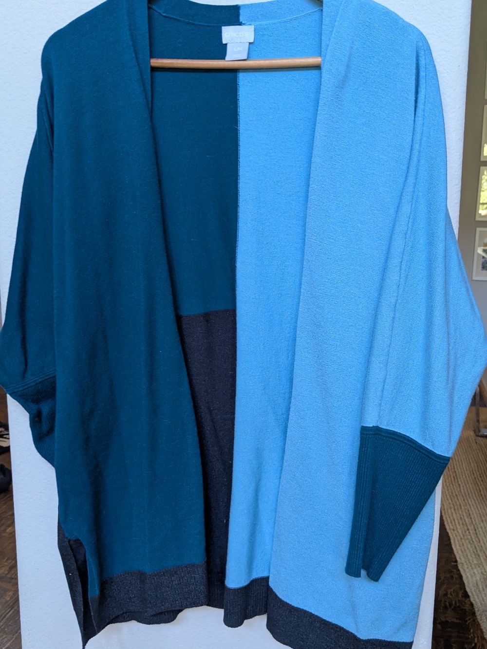 Chico's Two-Tone Open-Front Jacket in Teal, Black and Sky Blue Size S/M